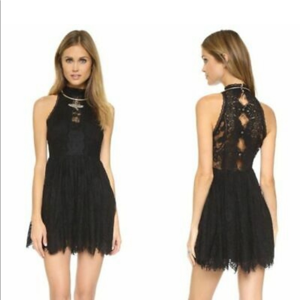 Free People high neck open back black lace dress
